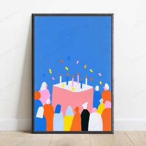 May include: A framed art print featuring a vibrant blue background with a large pink birthday cake in the center. The cake is topped with five lit candles and surrounded by a crowd of stylized figures in colorful clothing with confetti falling.