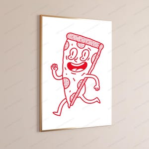 May include: A framed wall art print featuring a red line drawing of a cartoon pizza slice character with a smiling face, arms, and legs in a running pose. The illustration uses a stippled texture effect on a white background within a thin gold frame.