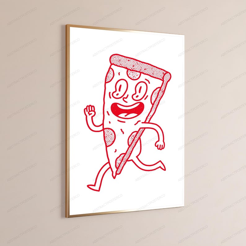 May include: A framed wall art print featuring a red line drawing of a cartoon pizza slice character with a smiling face, arms, and legs in a running pose. The illustration uses a stippled texture effect on a white background within a thin gold frame.