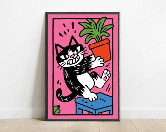 Cheeky Black Cat Pop Art Print | Bold Line Art | Fun Colorful Home Decor