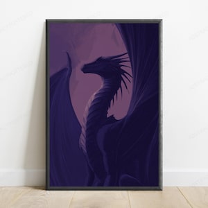 May include: A framed vertical wall art print featuring a dark purple dragon with large, expansive wings and a long neck. The dragon is depicted in profile against a lighter purple background, showcasing detailed scales and sharp head spikes.