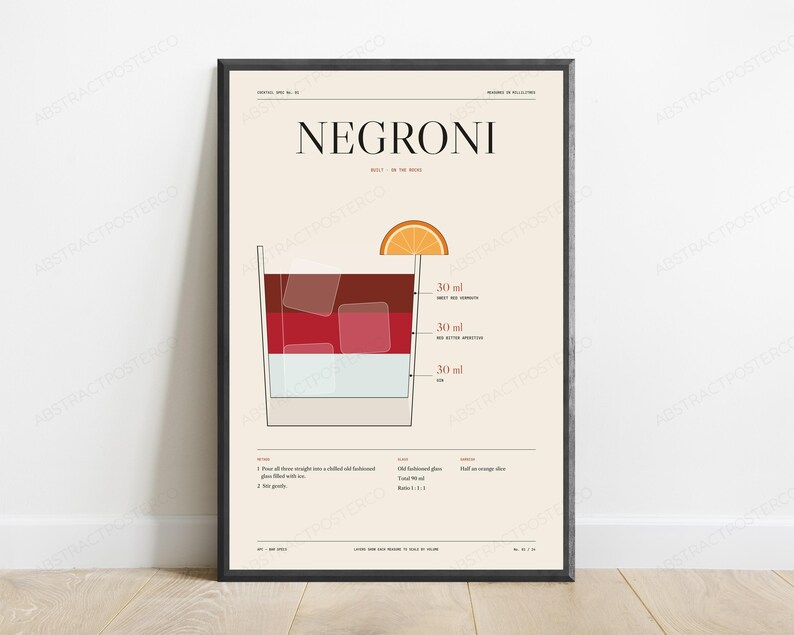 Przepis na koktajl Negroni w kolorze kremowym | Minimalistyczna sztuka barowa | Dekoracja ścienna w stylu retro zdjęcie 1