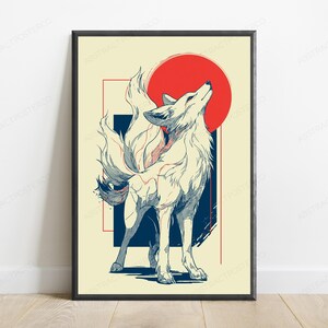K&ouml;nnte beinhalten: Ein gerahmter Wandkunstdruck mit einer stilisierten Illustration eines Fuchses mit mehreren Schw&auml;nzen, der nach oben blickt. Das Design umfasst einen gro&szlig;en roten Kreis, eine dunkelblaue rechteckige Form und d&uuml;nne rote Linien auf cremefarbenem Grund.