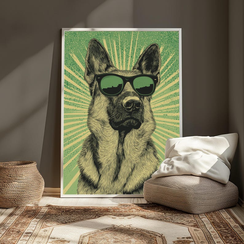 Coole Schäferhund Sonnenbrillen Print | Pop Art Hundeportrait | Retro Wand Dekor | Digitaler Download A3-A2-A1 Bild 2