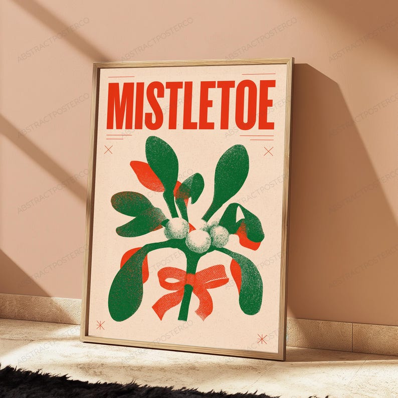Mistletoe Plant Red Bow Retro Art Print | Minimalist Christmas Wall Art | Holiday Home Decor image 4