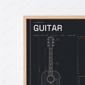 Projekt techniczny gitary akustycznej typu dreadnought | Grafika ścienna z instrumentem muzycznym | Wydruk z motywem przemysłowym zdjęcie 2