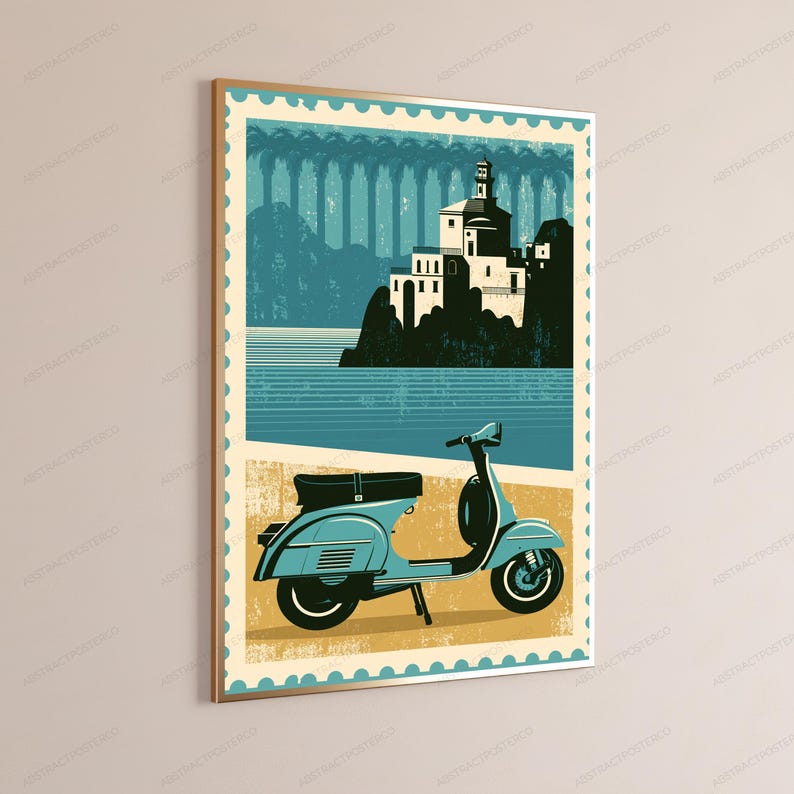 May include: A rectangular wall art print featuring a stylized postage stamp design. The illustration depicts a light blue motor scooter parked on a sandy shore in the foreground, with a white building on a rocky cliff overlooking the sea.