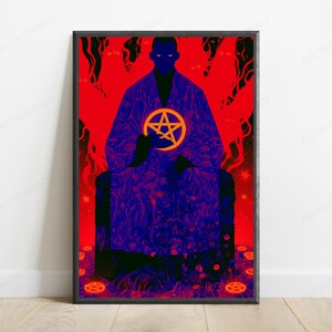 May include: A framed vertical art print featuring a dark silhouette of a figure in a patterned robe holding a glowing orange pentagram. The background is a vibrant red with abstract shapes and smaller glowing pentagrams on the ground surface.