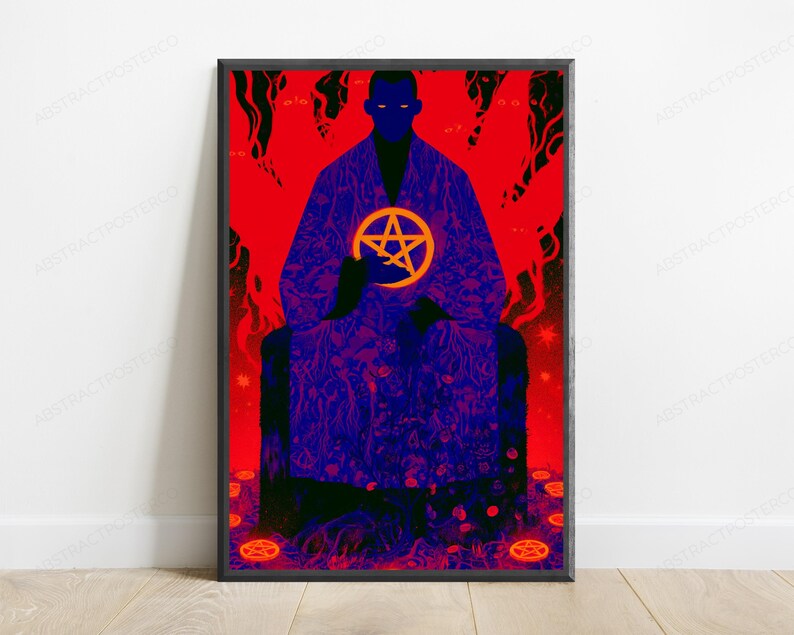 May include: A framed vertical art print featuring a dark silhouette of a figure in a patterned robe holding a glowing orange pentagram. The background is a vibrant red with abstract shapes and smaller glowing pentagrams on the ground surface.