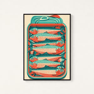 May include: A rectangular art print featuring a stylized illustration of an open tin can filled with several sardines. The fish are depicted in shades of teal and orange with detailed scale patterns. The tin has a teal lid and orange border.