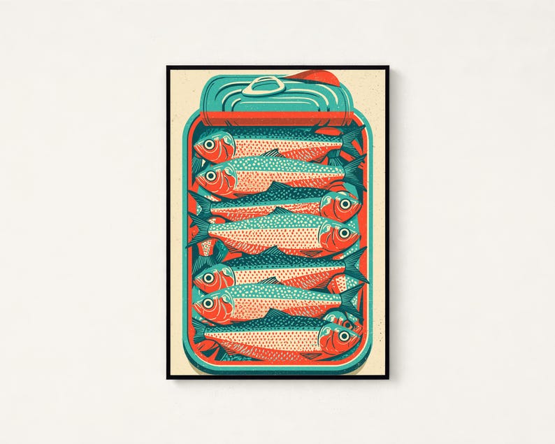 May include: A rectangular art print featuring a stylized illustration of an open tin can filled with several sardines. The fish are depicted in shades of teal and orange with detailed scale patterns. The tin has a teal lid and orange border.