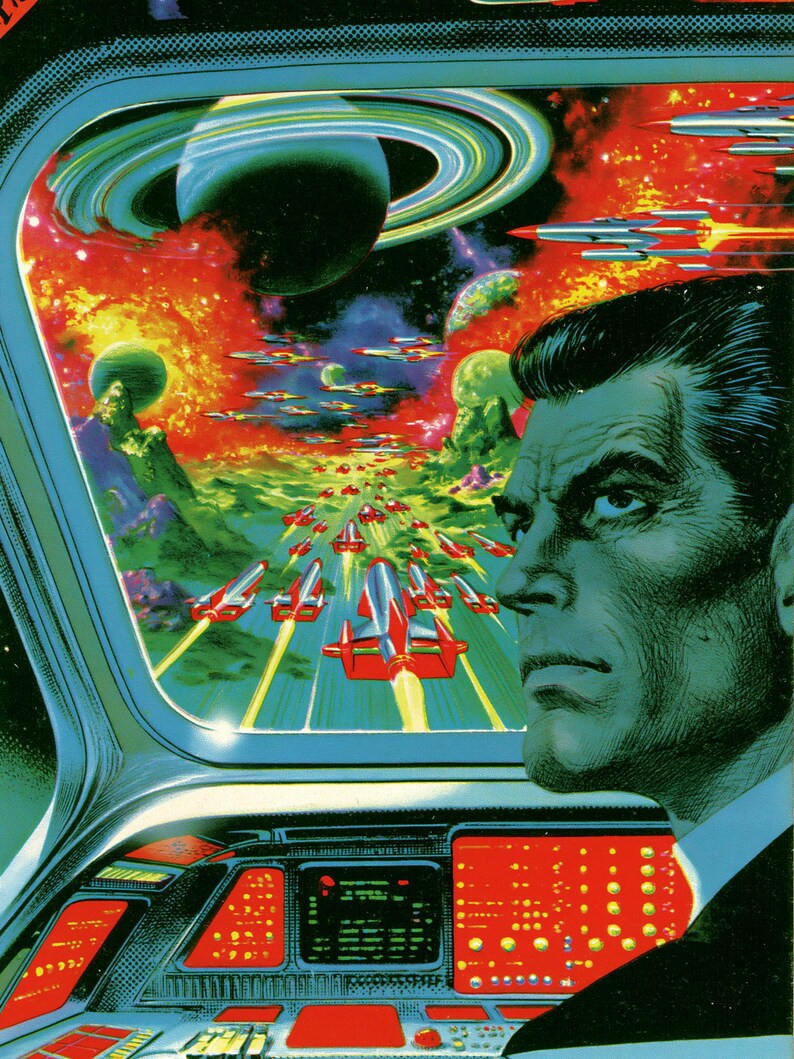 May include: A science fiction illustration showing a person in a cockpit looking out at a space scene with a large ringed planet, multiple smaller planets, and a fleet of red and silver rocket ships flying through a colorful nebula.