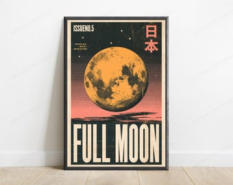 Vintage tijdschriftomslag met volle maanprint | Retro risografie muurdecoratie | Japanse Kanji ruimteposter