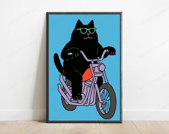Cooles schwarzes Katzen Motorrad Pop Art Print | Sonnenbrille Biker Wandkunst | Spaß Minimalist Dekor | Digitaler Download A3-A2-A1