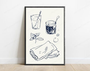 Minimalist Food Art Line Drawing | Water Glass & Jam Jar Print | Kitchen Wall Decor | Digital Download A3 A2 A1