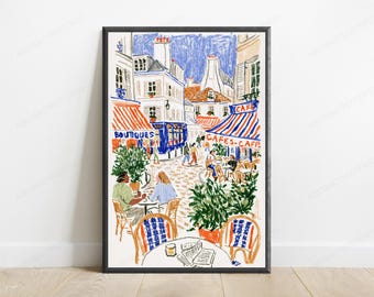 Parisian Café Square Scene Wall Art | Colorful Illustrated Awning Print | European City Decor