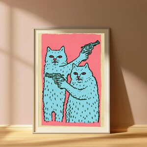 Armed Cats Pop Art Print | Retro Neon Pistols Wall Art | Quirky Colourful Home Decor | Digital Download A3 A2 A1 image 5