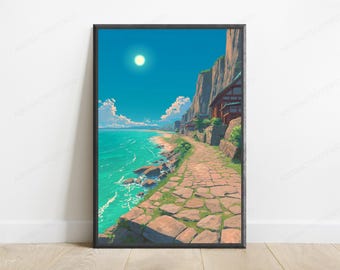 Seaside Town Stone Pathway Anime Art Print | Japanese Coastal Village Poster (Digital Download)
