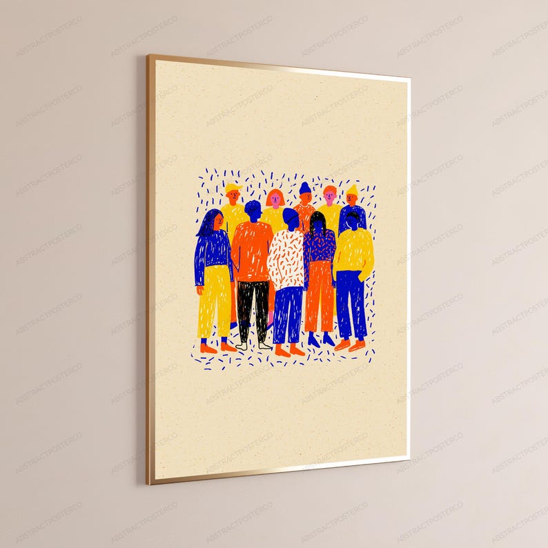 May include: A framed wall art print featuring a stylized illustration of a group of people standing together. The figures are rendered in vibrant shades of blue, orange, and yellow against a light cream background, surrounded by small dark blue dashes.