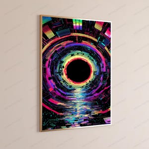 Puede incluir: Una impresi&oacute;n de arte mural rectangular en un marco dorado fino que presenta una composici&oacute;n digital abstracta. El dise&ntilde;o muestra patrones circulares conc&eacute;ntricos en tonos ne&oacute;n vibrantes de rosa, azul, amarillo y verde alrededor de un c&iacute;rculo central negro.