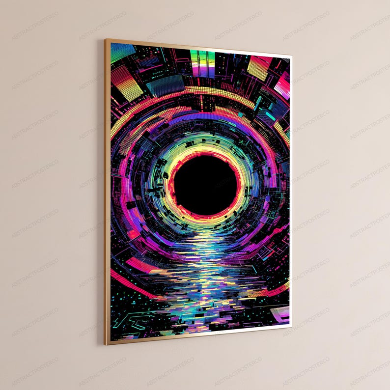 Puede incluir: Una impresi&oacute;n de arte mural rectangular en un marco dorado fino que presenta una composici&oacute;n digital abstracta. El dise&ntilde;o muestra patrones circulares conc&eacute;ntricos en tonos ne&oacute;n vibrantes de rosa, azul, amarillo y verde alrededor de un c&iacute;rculo central negro.