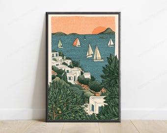 Seaside Villa Sailboats Sunset | Mediterranean Coastal Wall Art | Minimalist Landscape Print | Digital Download A3 A2 A1