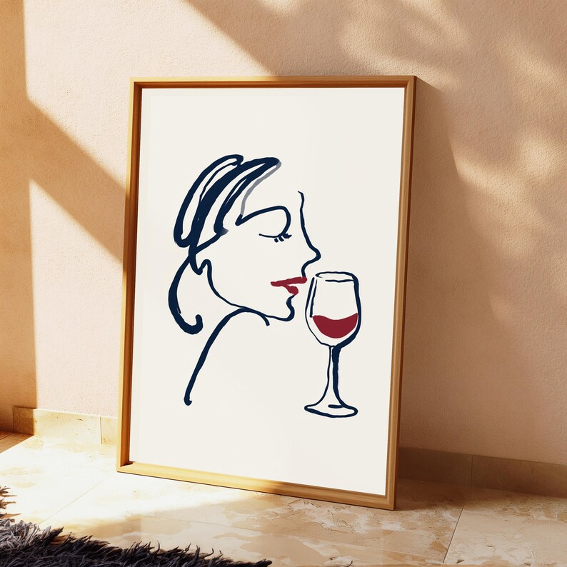 Woman Sipping Wine Minimalist Line Art | Elegant Portrait Wall Print | Modern Home Decor | Digital Download A3 A2 A1 image 5