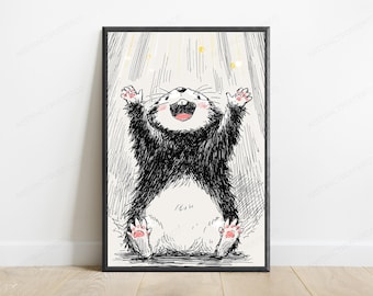 Lámina decorativa "Topo feliz bajo la lluvia" / Arte mural de animales salvajes alegres / Decoración para el hogar con animales adorables / Descarga digital A3 A2 A1
