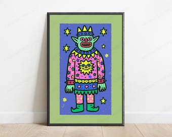 Colorful Demon Creature Pop Art Print | Whimsical Monster Wall Art | Vibrant Home Decor | Digital Download A3 A2 A1