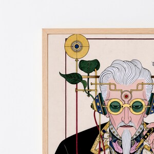 May include: A framed illustration of a person with white hair, wearing round green-tinted goggles and blue headphones. The figure has a mechanical headpiece, a white goatee, and a patterned collar, set against a light background with gold circles.