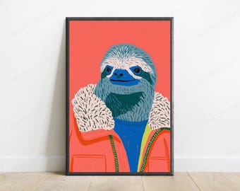 Lámina de arte pop de un perezoso sonriente / Personaje de fauna acogedor / Decoración de pared colorida / Descarga digital A3 A2 A1