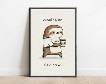 Sloth Barista Watercolour Art Print | Cute Coffee Art | Animal Character Decor | Digital Download