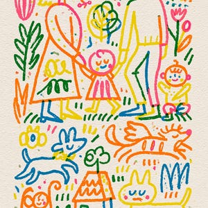 May include: A colorful illustration featuring a family of four, including two adults and two children, standing together. The scene includes a house, a sun, a rainbow, flowers, trees, and two dogs, all rendered in vibrant, crayon-like line art.