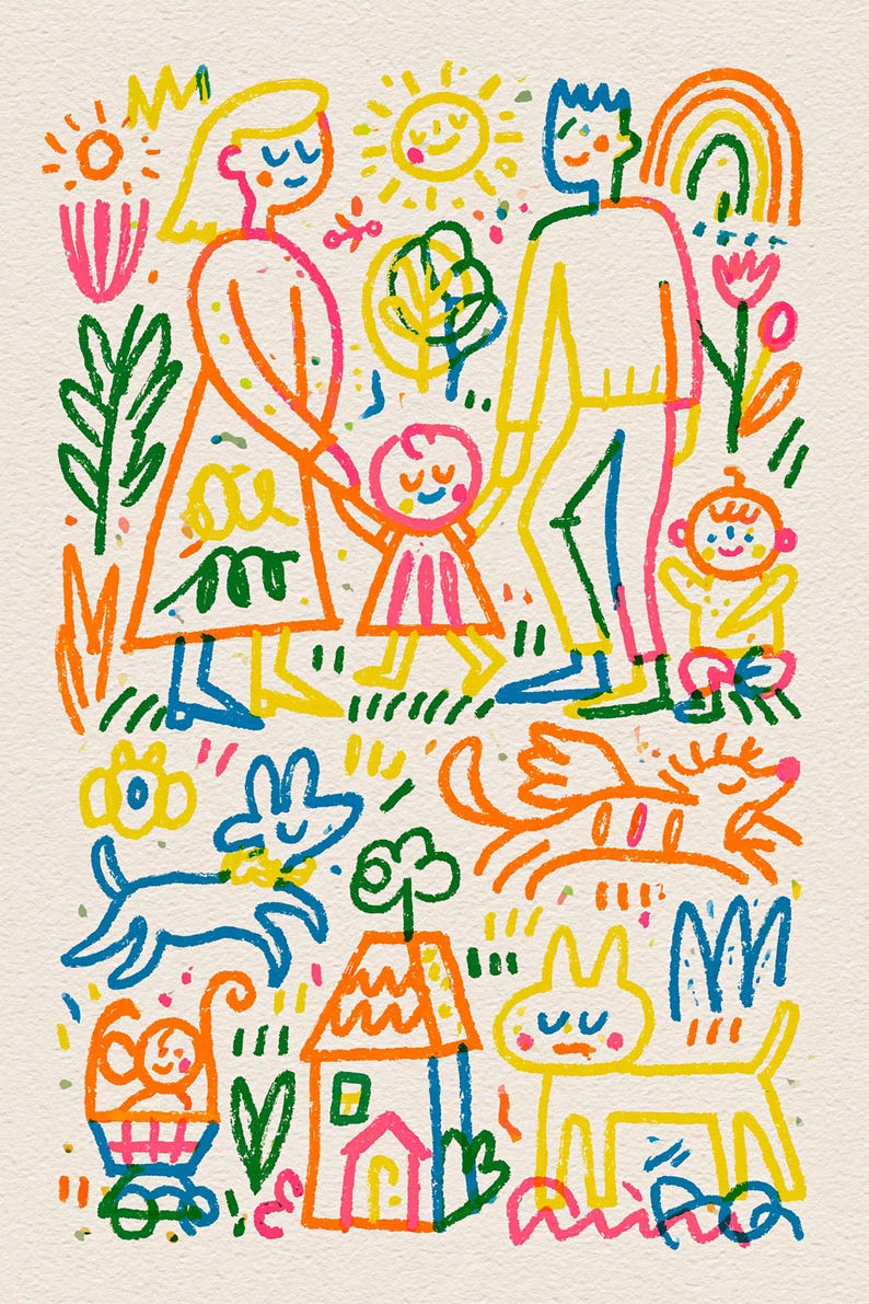 May include: A colorful illustration featuring a family of four, including two adults and two children, standing together. The scene includes a house, a sun, a rainbow, flowers, trees, and two dogs, all rendered in vibrant, crayon-like line art.