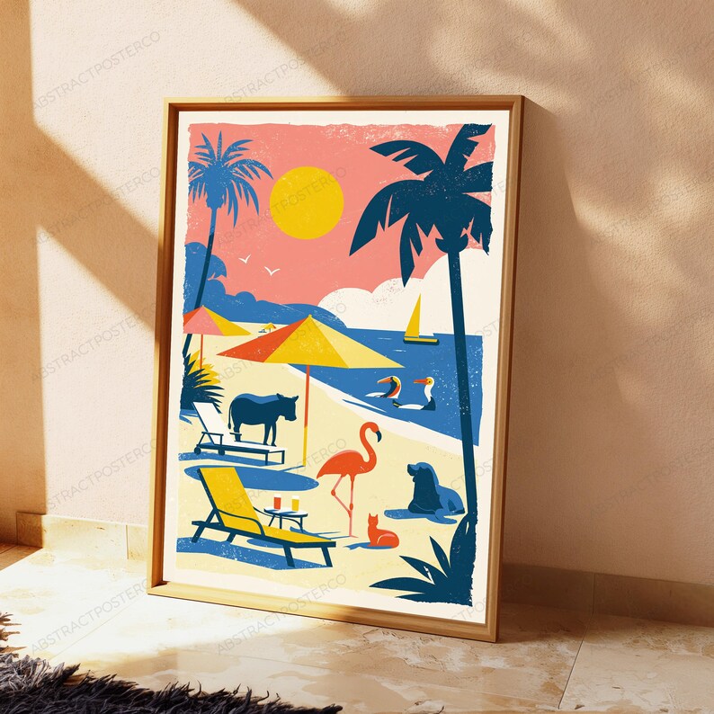 May include: A framed art print featuring a beach scene with a bright yellow sun, a pink sky, and blue ocean. The illustration includes palm trees, a yellow umbrella, a pink flamingo, a donkey, a cat, a sea lion, and a sailboat on the water.