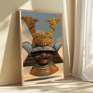 May include: A framed wall art print featuring a detailed samurai helmet with a weathered, rusted metal finish. The helmet includes a prominent, ornate gold-colored crest with intricate patterns and a fierce, stylized face mask design.