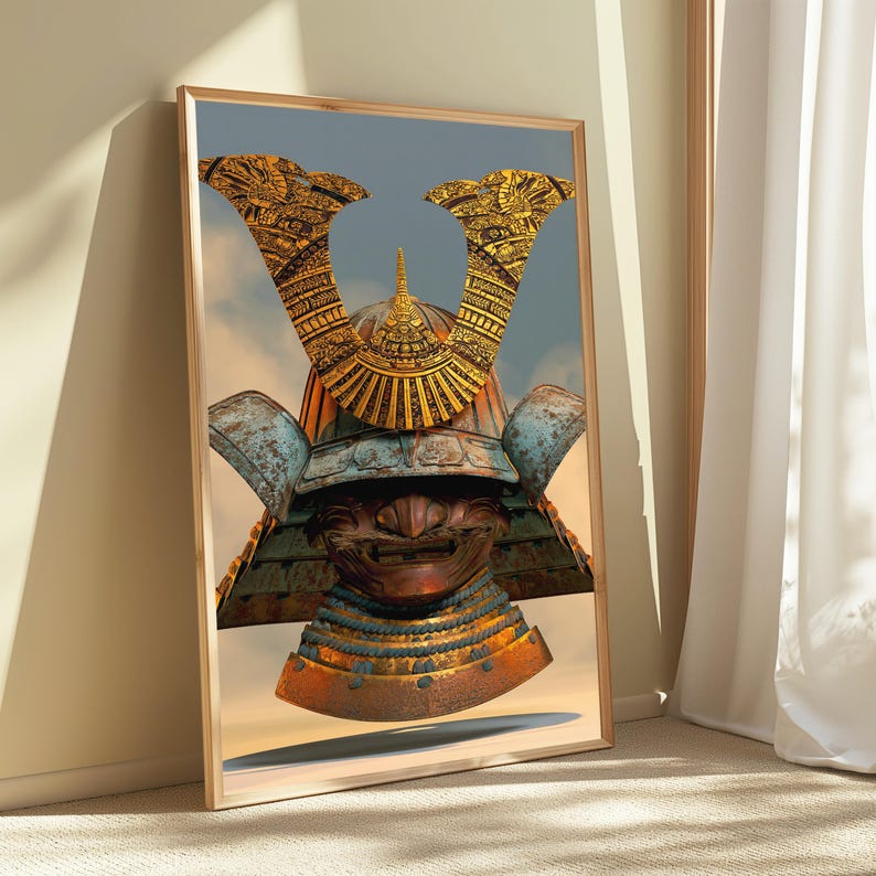 May include: A framed wall art print featuring a detailed samurai helmet with a weathered, rusted metal finish. The helmet includes a prominent, ornate gold-colored crest with intricate patterns and a fierce, stylized face mask design.
