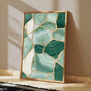 May include: A rectangular wall art print in a thin gold frame featuring a mosaic pattern of green and white agate stone slices. The design displays various shades of emerald, sage, and mint green with white veining, separated by thin gold lines.