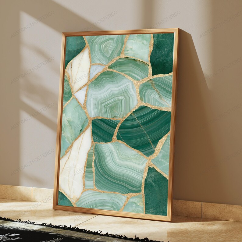 May include: A rectangular wall art print in a thin gold frame featuring a mosaic pattern of green and white agate stone slices. The design displays various shades of emerald, sage, and mint green with white veining, separated by thin gold lines.