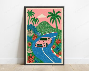 Tropical Road Trip Pink Car | Palm Tree Landscape | Minimalist Travel Wall Art Print | Digital Download A3 A2 A1