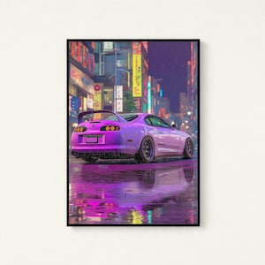 May include: A purple sports car parked on a wet city street at night. The vehicle features a rear spoiler, dark wheels, and taillights. The car is reflected in the rain-slicked pavement, surrounded by blurred city buildings with neon signs.