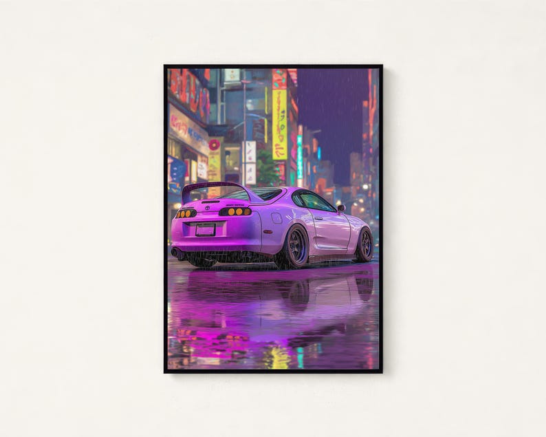May include: A purple sports car parked on a wet city street at night. The vehicle features a rear spoiler, dark wheels, and taillights. The car is reflected in the rain-slicked pavement, surrounded by blurred city buildings with neon signs.
