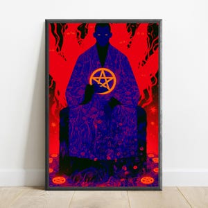 May include: A framed vertical art print featuring a dark silhouette of a figure in a patterned robe against a vibrant red background. The figure holds a glowing orange pentagram symbol. The composition includes abstract shapes and smaller pentagrams.