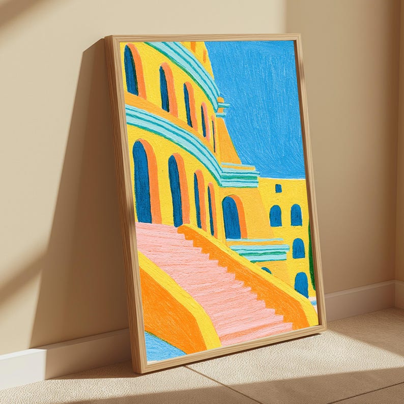 May include: A framed painting featuring a vibrant architectural scene with yellow walls, blue arched doorways, and a set of pink stairs leading upward. The artwork uses bold, textured brushstrokes against a bright blue sky, all encased in a light wood frame.
