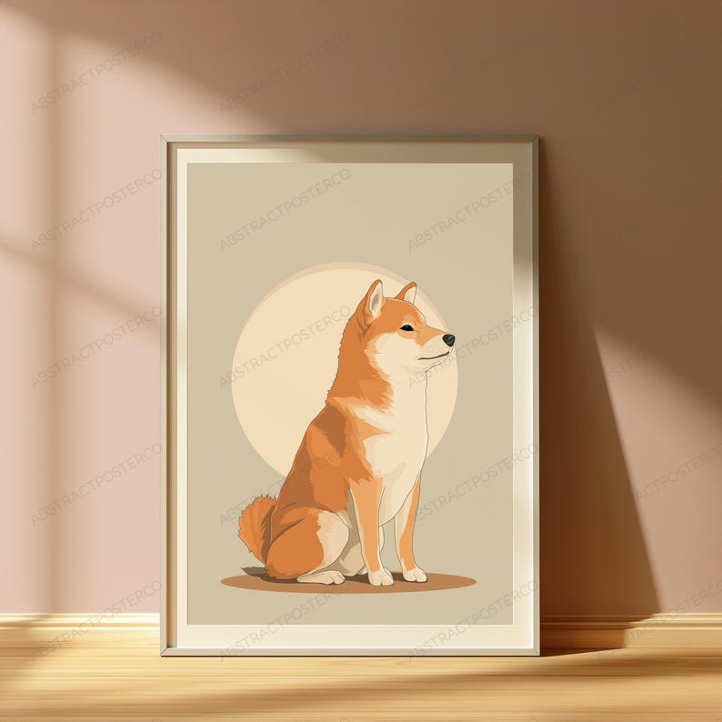 May include: A framed wall art print featuring a stylized illustration of a Shiba Inu dog sitting in profile. The dog has orange and white fur and is positioned against a large, pale circular background on a solid light tan field.