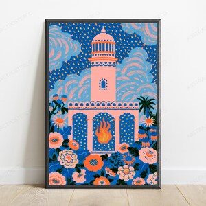 May include: A framed art print featuring a central pink tower structure with a dome and a flame graphic at the base. The scene is surrounded by blue and orange stylized flowers and foliage against a dark blue background with pink clouds.