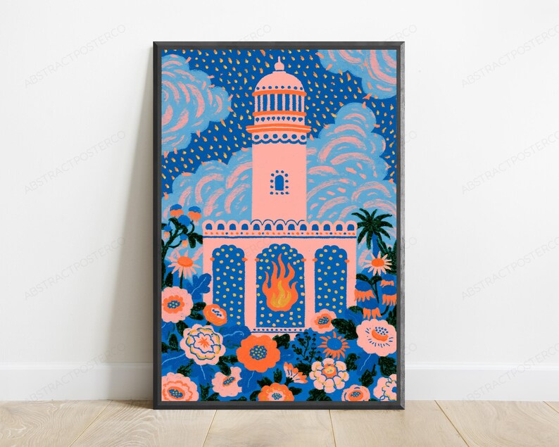May include: A framed art print featuring a central pink tower structure with a dome and a flame graphic at the base. The scene is surrounded by blue and orange stylized flowers and foliage against a dark blue background with pink clouds.