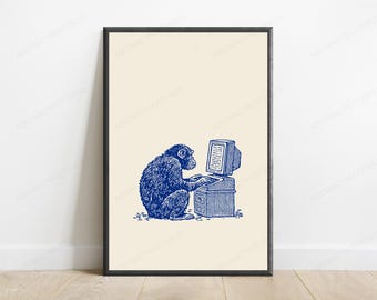 Mono en el ordenador - Grabado retro / Lámina de arte tecnológico vintage azul / Decoración de pared minimalista / Descarga digital A3 A2 A1