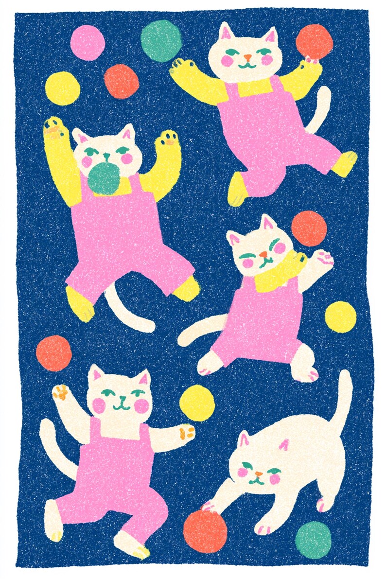 Verspielte Katzen die mit bunten Bällen jonglieren Pop Art Print | Fröhliche minimalistische Wandkunst | Niedliches Katzen Wohn Dekor | Digitaler Download A3-A2-A1 Bild 8