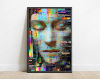 Glitch Art Anime Face Print | Cyberpunk Digital Aesthetic | Vaporwave Wall Art | Instant Download | Digital Download A3 A2 A1
